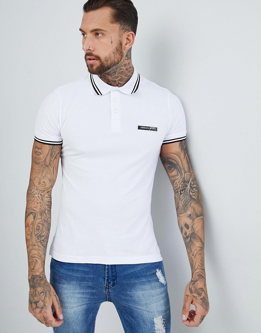 Versace Jeans Twin Tipped Polo Shirt In White With Logo - White