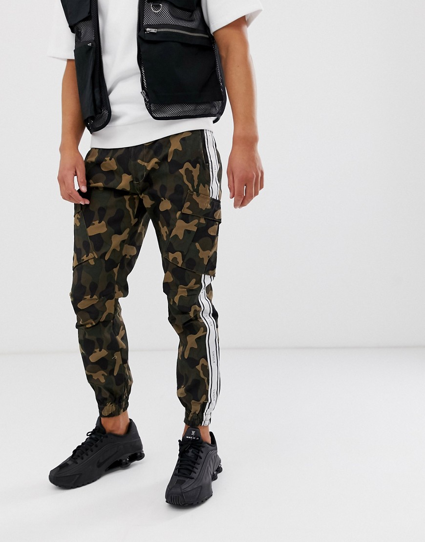SikSilk cargo pants in camo with side stripe