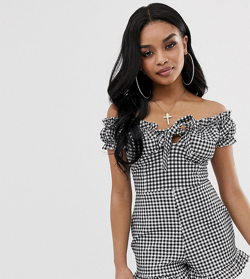 Missguided Petite milkmaid playsuit in gingham check