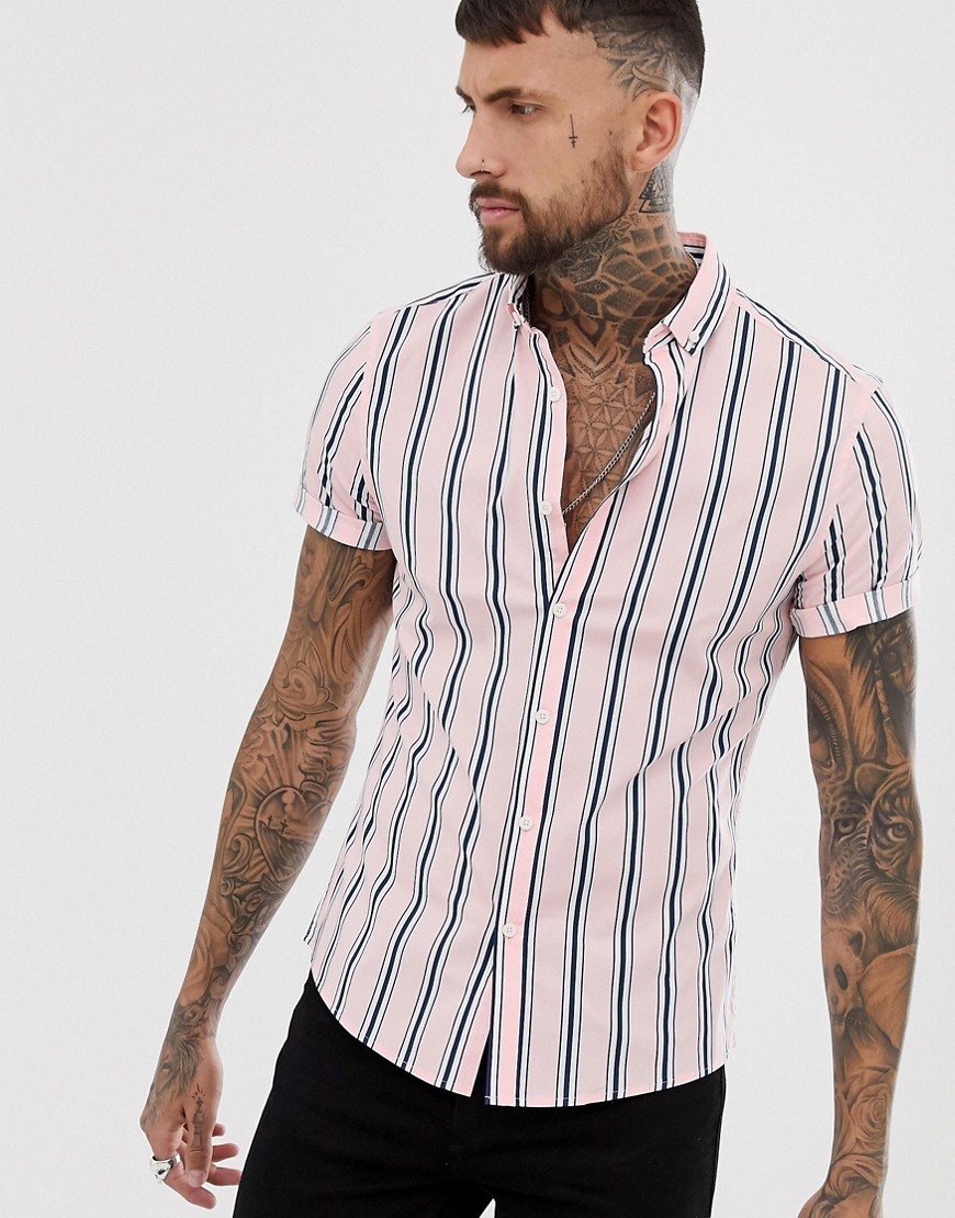 ASOS DESIGN skinny fit shirt in pink and navy stripe