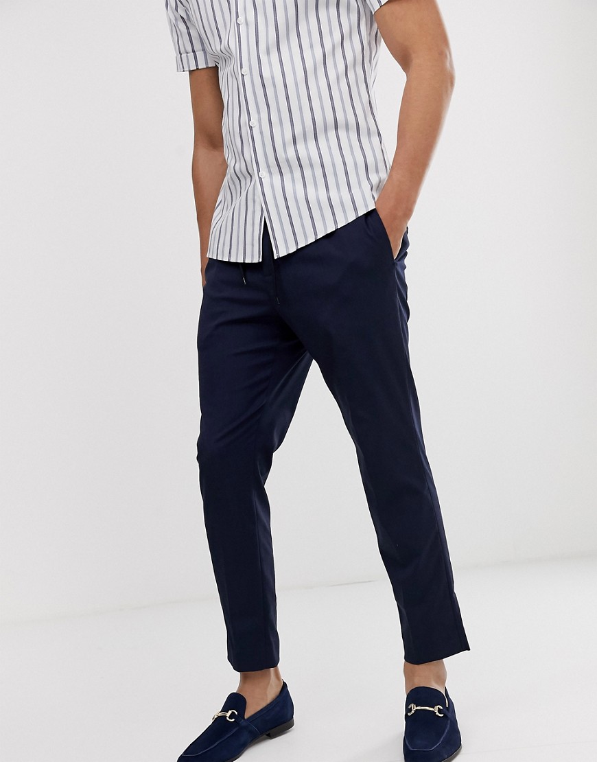 Moss London drawstring smart trousers in navy