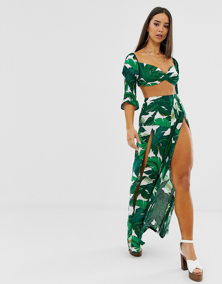 Lasula high waisted trouser co-ord with double thigh split in tropical palm print