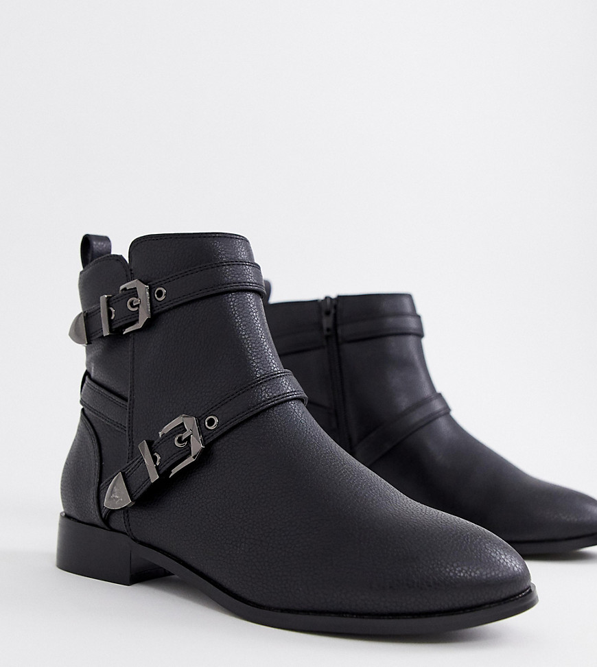 Faith Wide Fit Buckle black flat multi buckle ankle boots