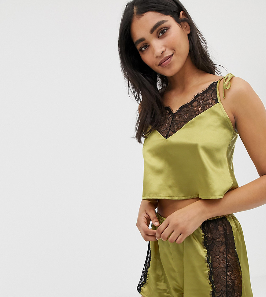 Wolf & Whistle lace trim crop and short pyjama set in chartreuse