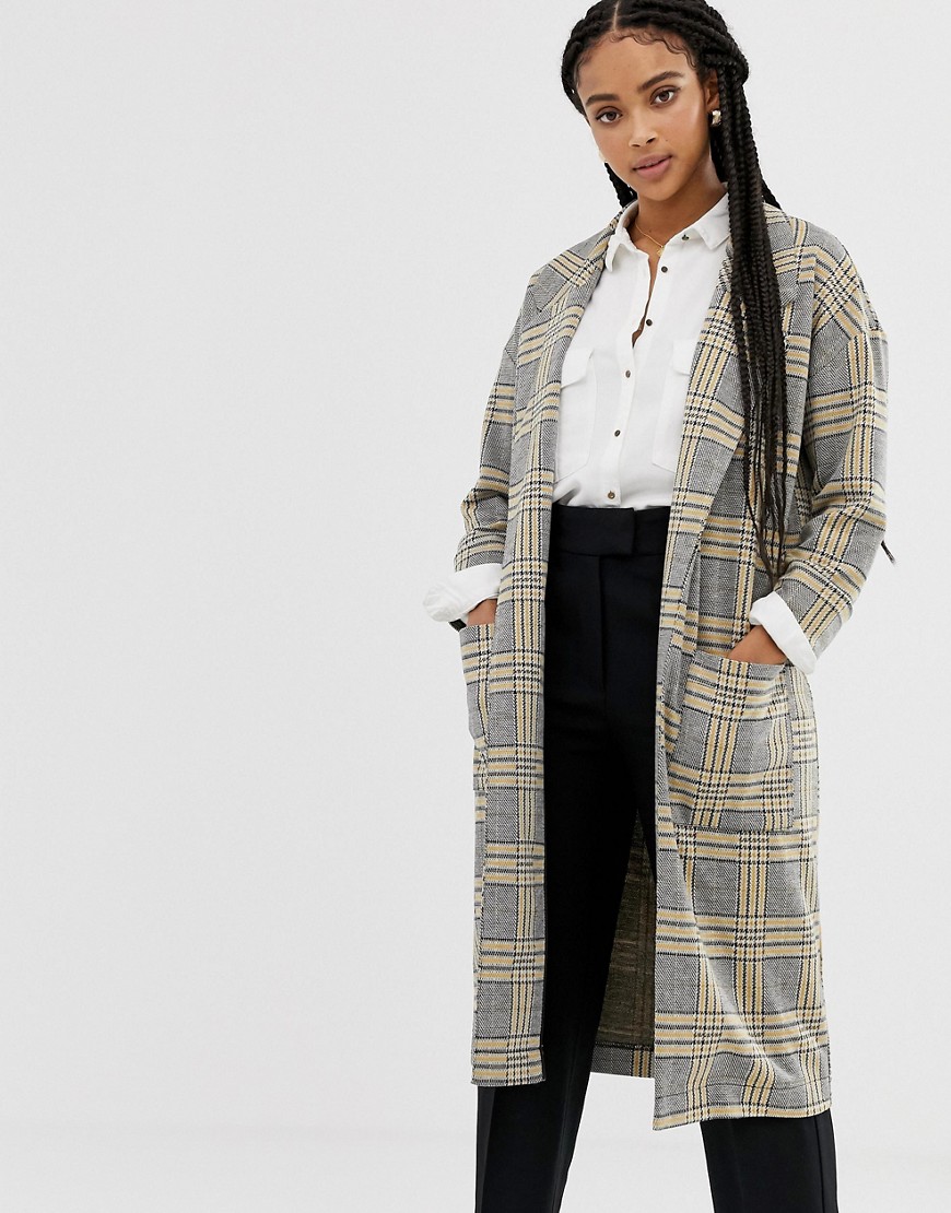 Brave Soul checked long line checked coat with patched pockets