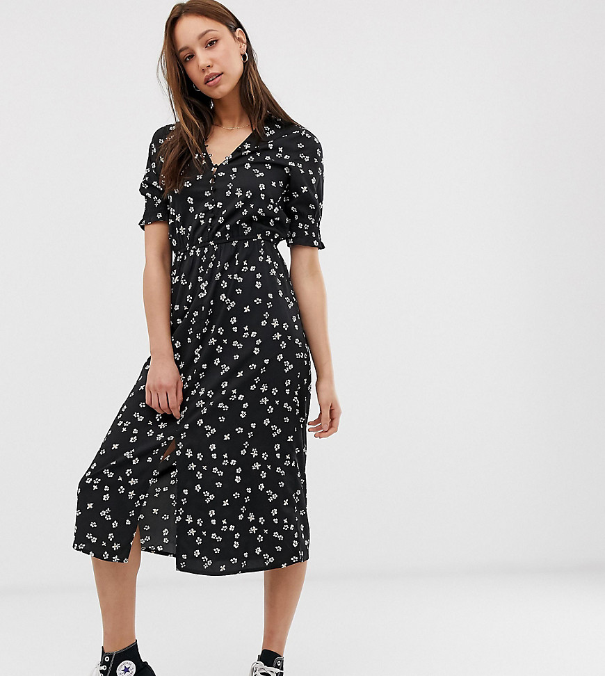 Influence Tall shirred sleeve floral midi dress with button down front in black