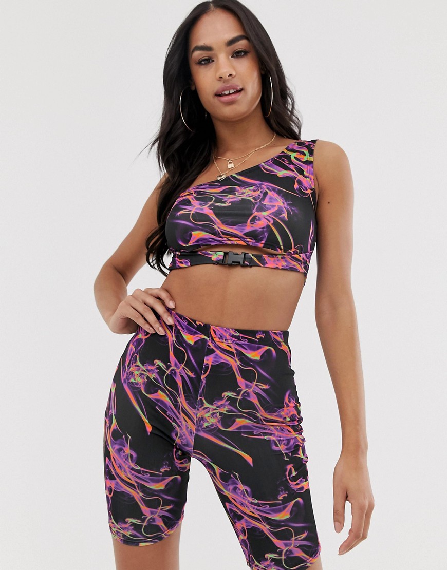 ASOS DESIGN co-ord one shoulder top with buckle detail in lightening print