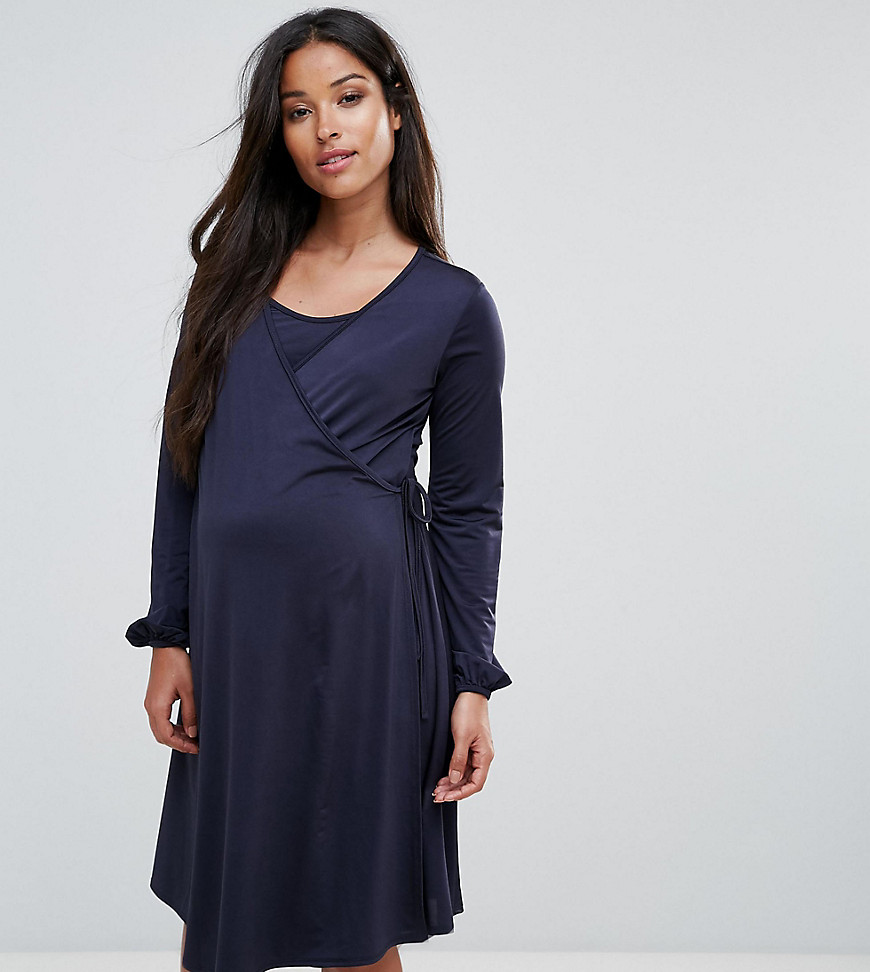 Bluebelle Nursing Wrap Front Dress with Bell Sleeve - Navy