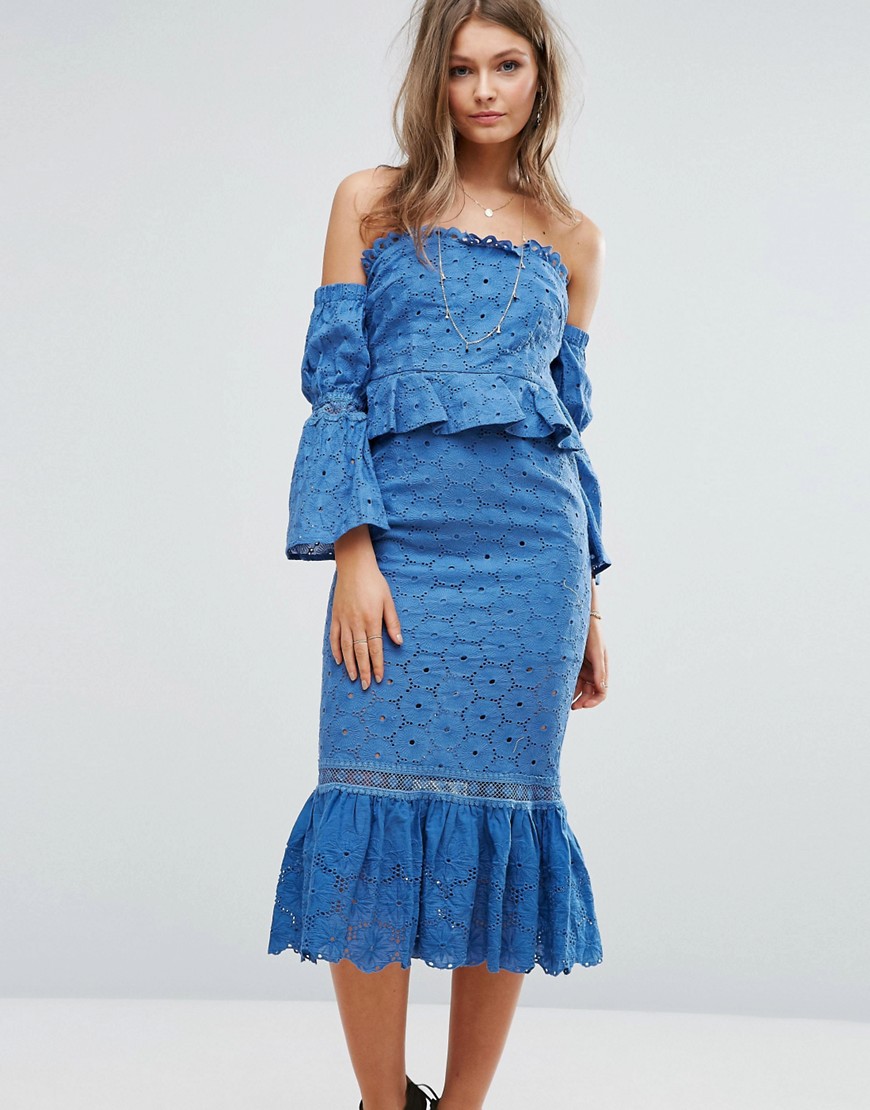 Foxiedox Off The Shoulder Midi Dress With Ruffle Details