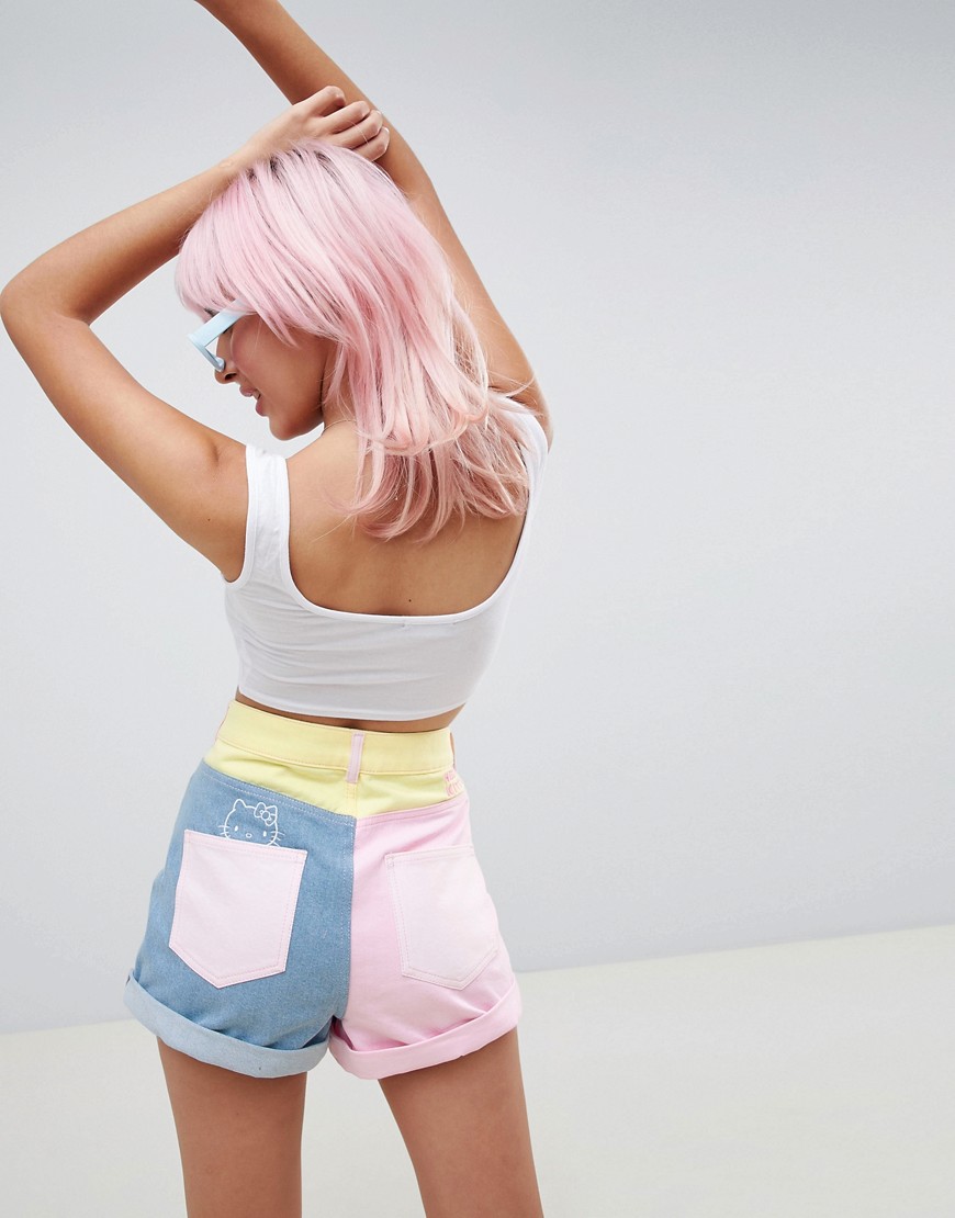 Hello Kitty x ASOS DESIGN colour block denim shorts with embroidery detail - Multi