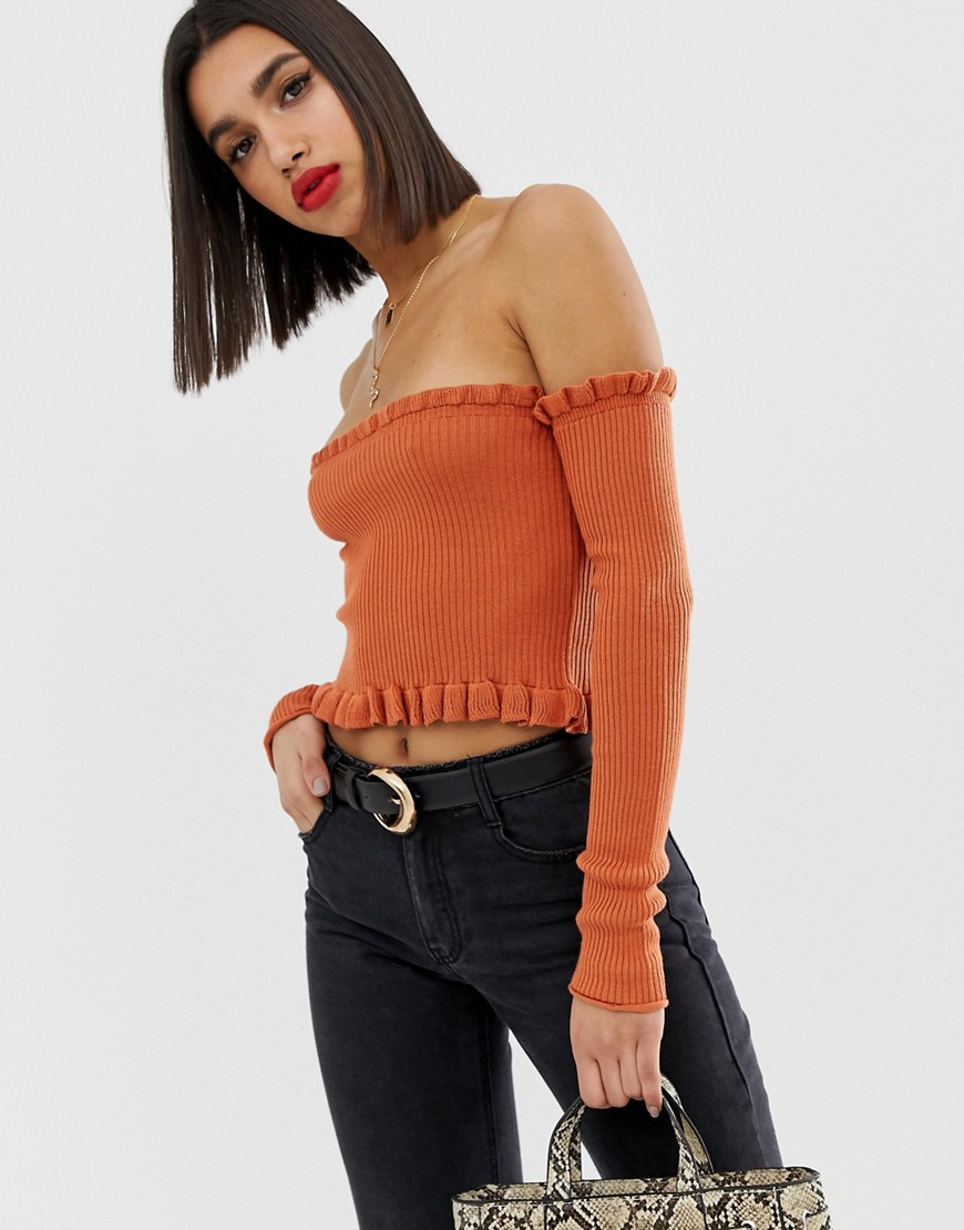 ASOS DESIGN bardot frill edge crop knitted top
