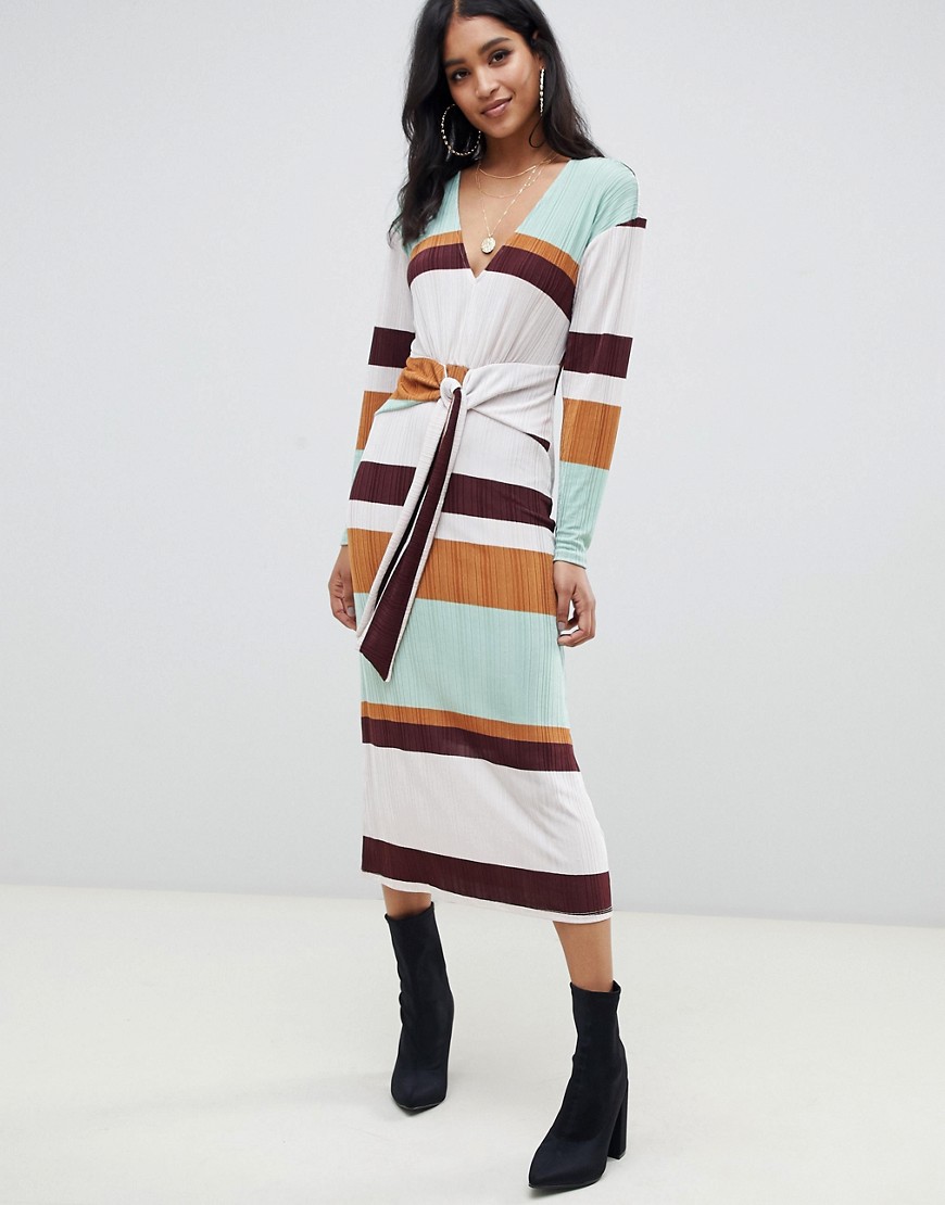 Asos Design 70s Stripe Rib Midi Dress With Knot Front-multi