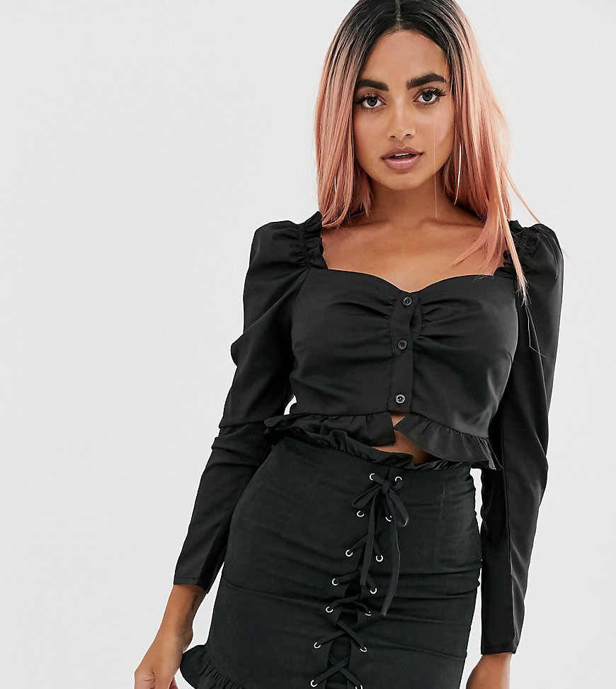 PrettyLittleThing Petite cropped blouse with puff sleeve in black