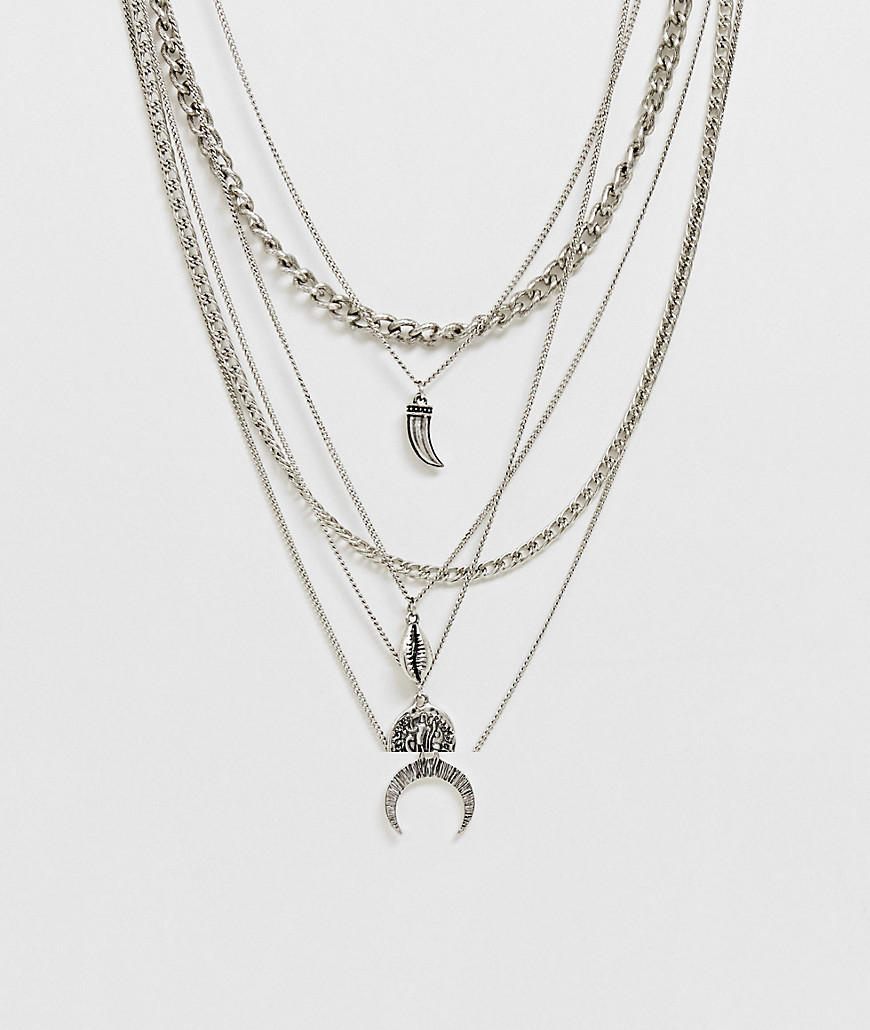 Asos Design Layered Necklace With Mixed Pendants In Burnished Silver Tone