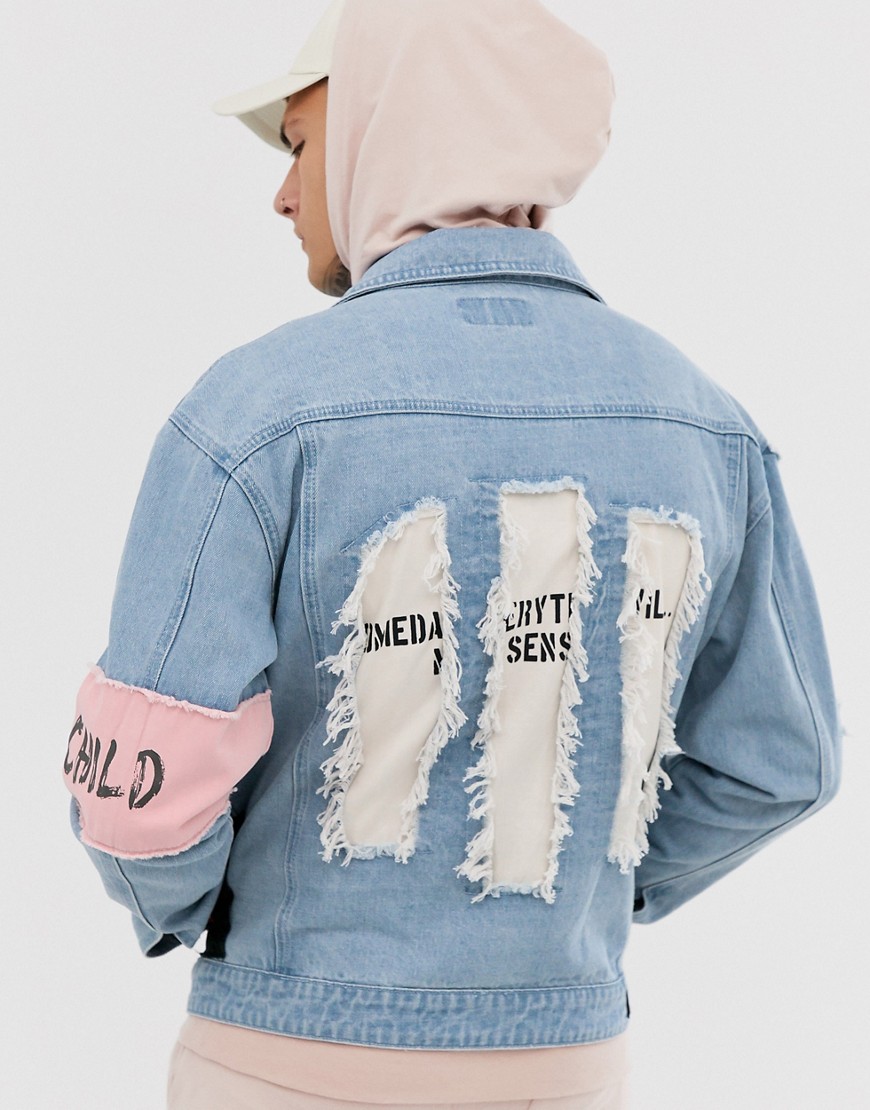 Liquor N Poker denim jacket with dusty pink arm band in blue wash