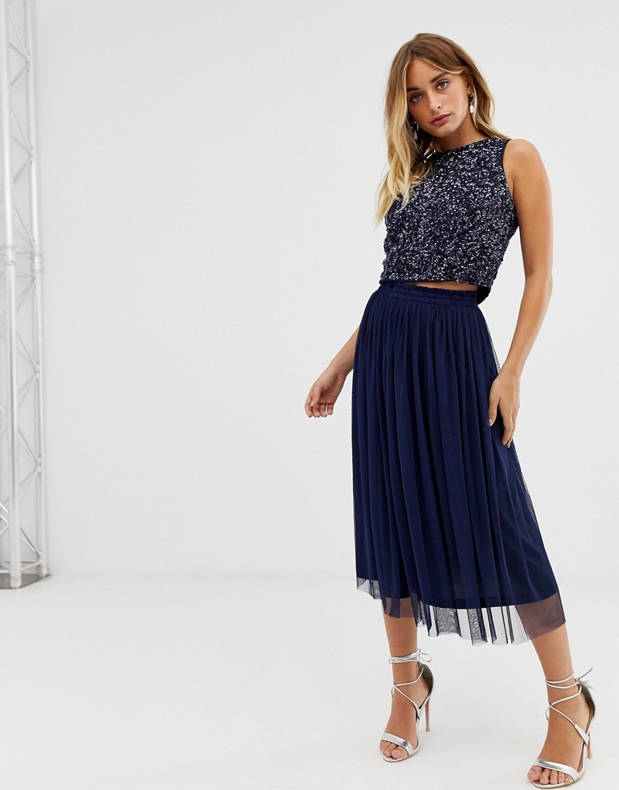 Lace & Beads shirred waistband tulle midi skirt co-ord in navy