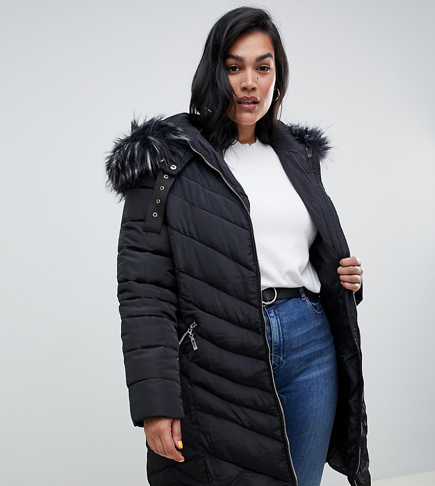 Lovedrobe Long Quilted Coat With Faux Fur Trim - Black