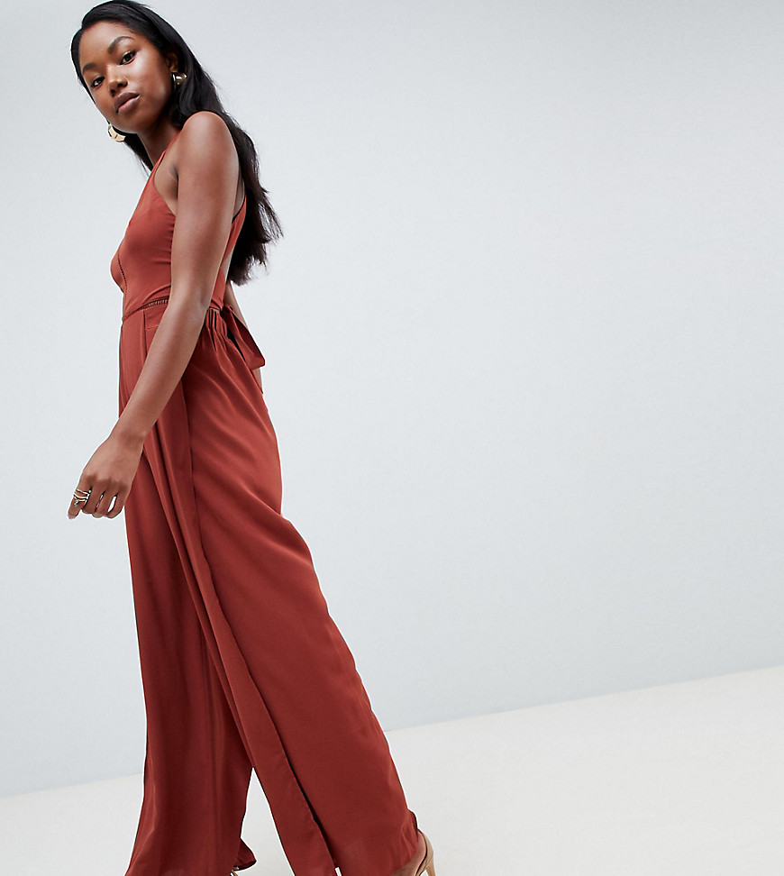 Parallel Lines Wide Leg Split Jumpsuit With Tie Back and Ladder Insert - Cinnamon