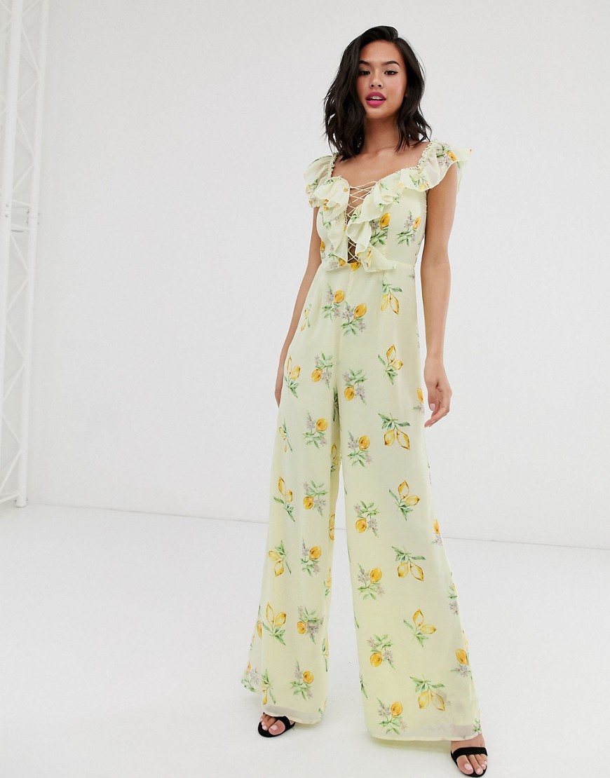 ASOS DESIGN off shoulder lemon print jumpsuit with lace up detail