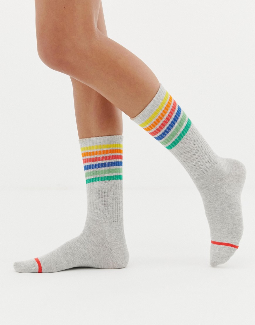 Monki socks with rainbow stripe in grey