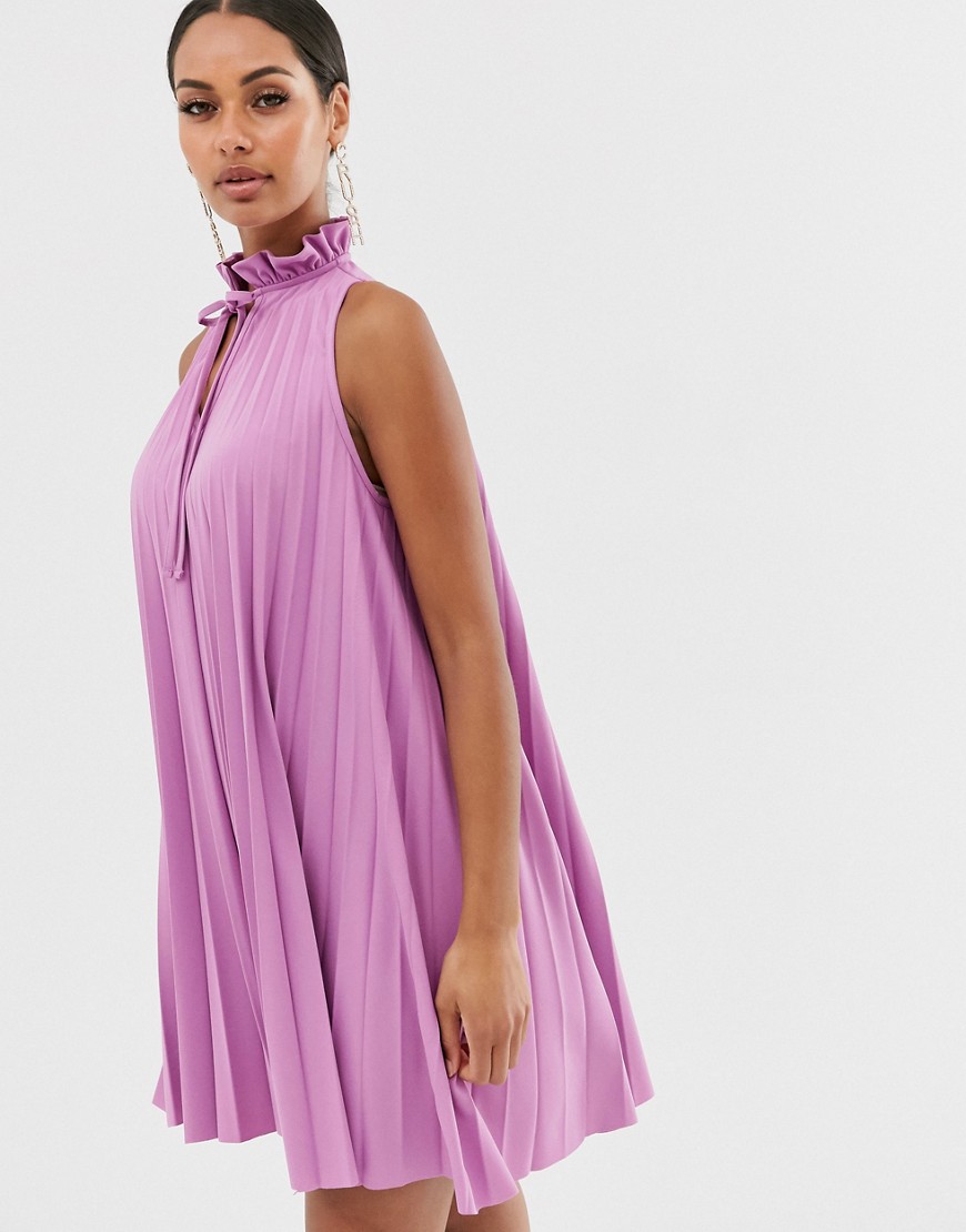 Asos Design Pleated Mini Dress With High Neck Detail-purple