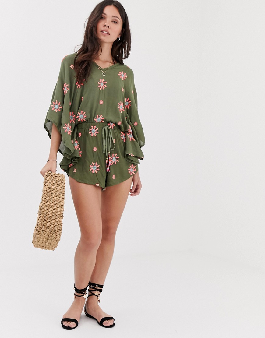 Anmol Oversized Beach Playsuit With Floral Embroidery
