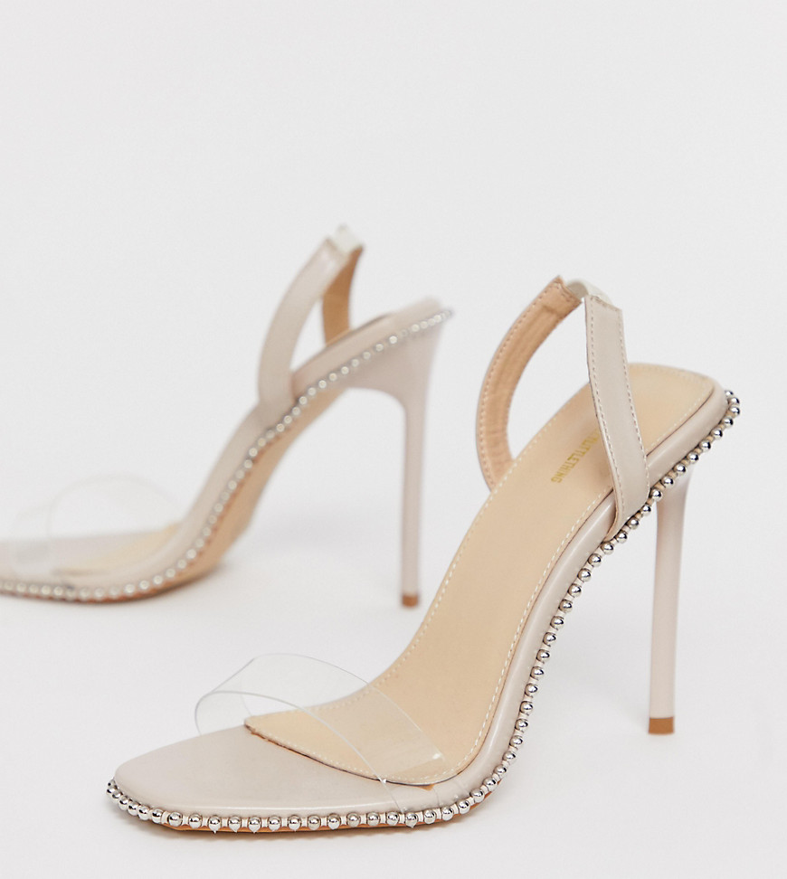 PrettyLittleThing square toe heeled sandals with clear straps in nude