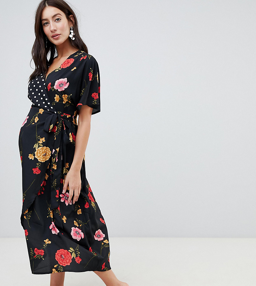 Influence Maternity kimono sleeve wrap dress in mix and match print