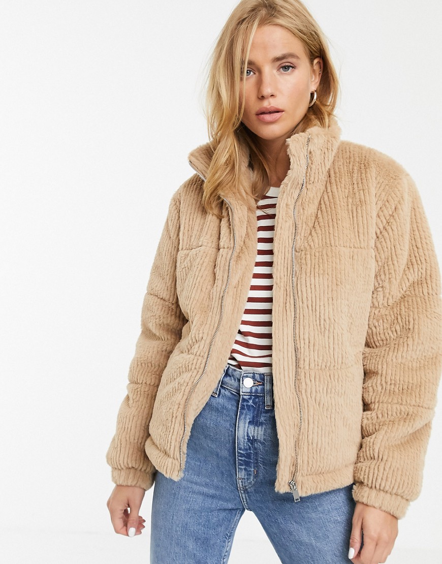 New Look faux fur cord puffer jacket in camel