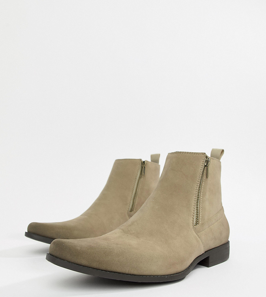 Asos Design Stacked Heel Western Chelsea Boots In Stone Faux Suede With Zips-neutral