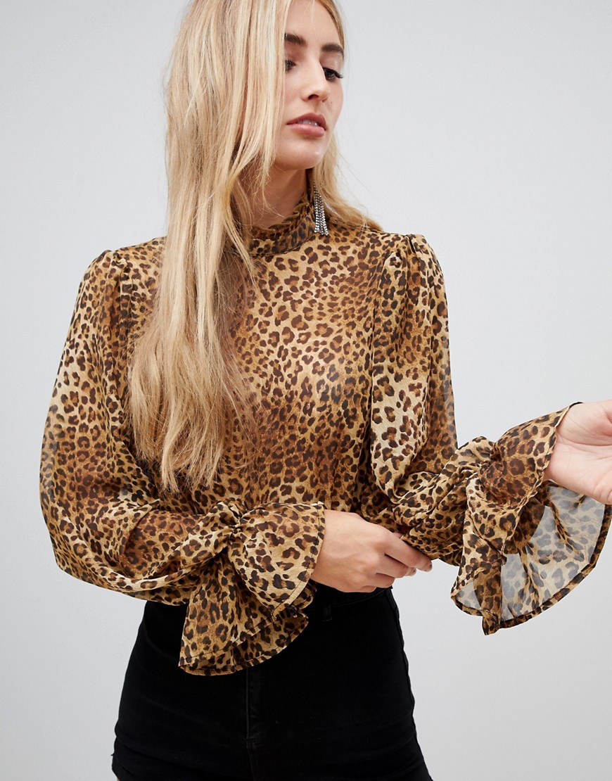 Missguided high neck chiffon blouse with flare cuffs in leopard