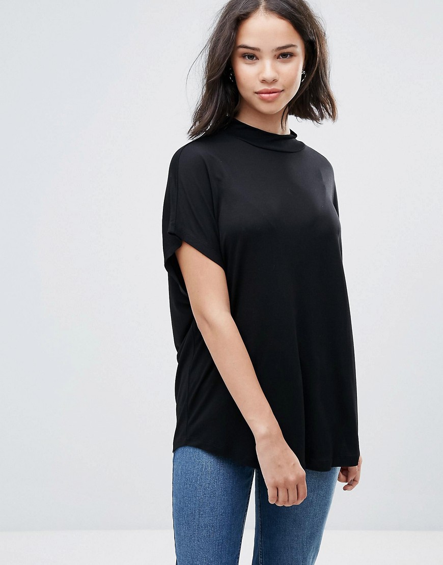 Soaked In Luxury High Neck Drapey T-Shirt - Black