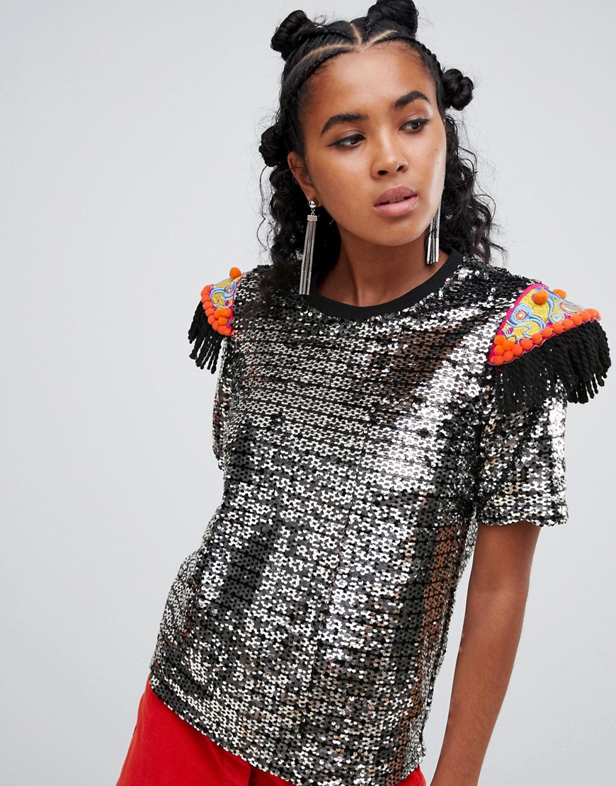 Ragyard t-shirt in sequin with beaded patches