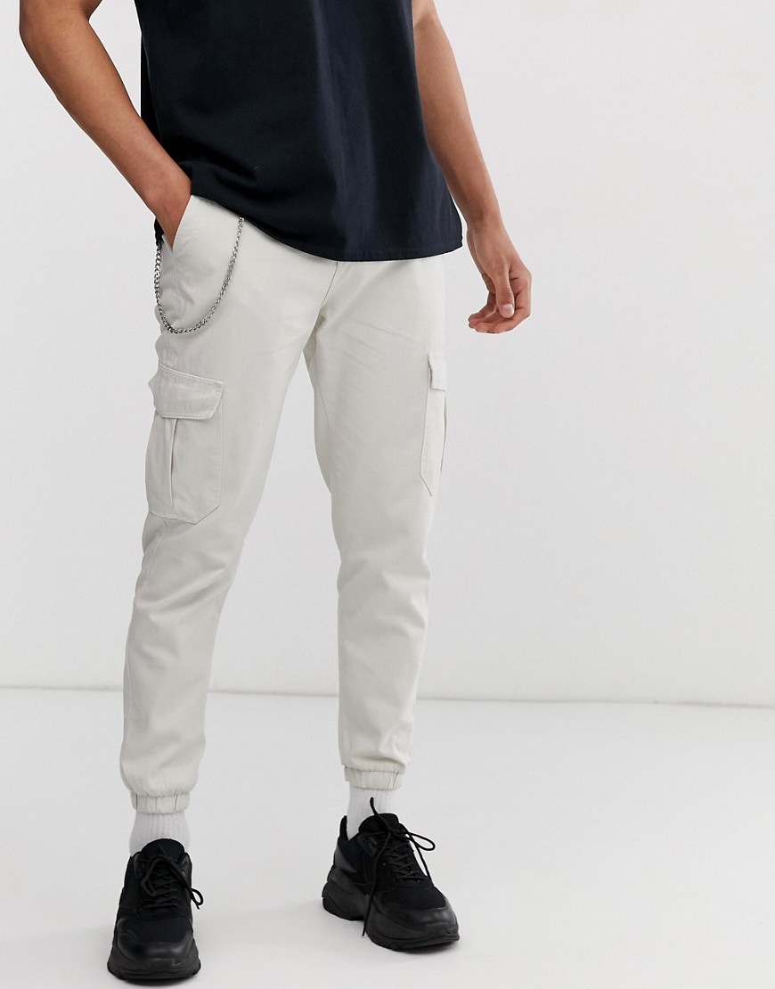 Bershka cargo trousers with chain detail in stone