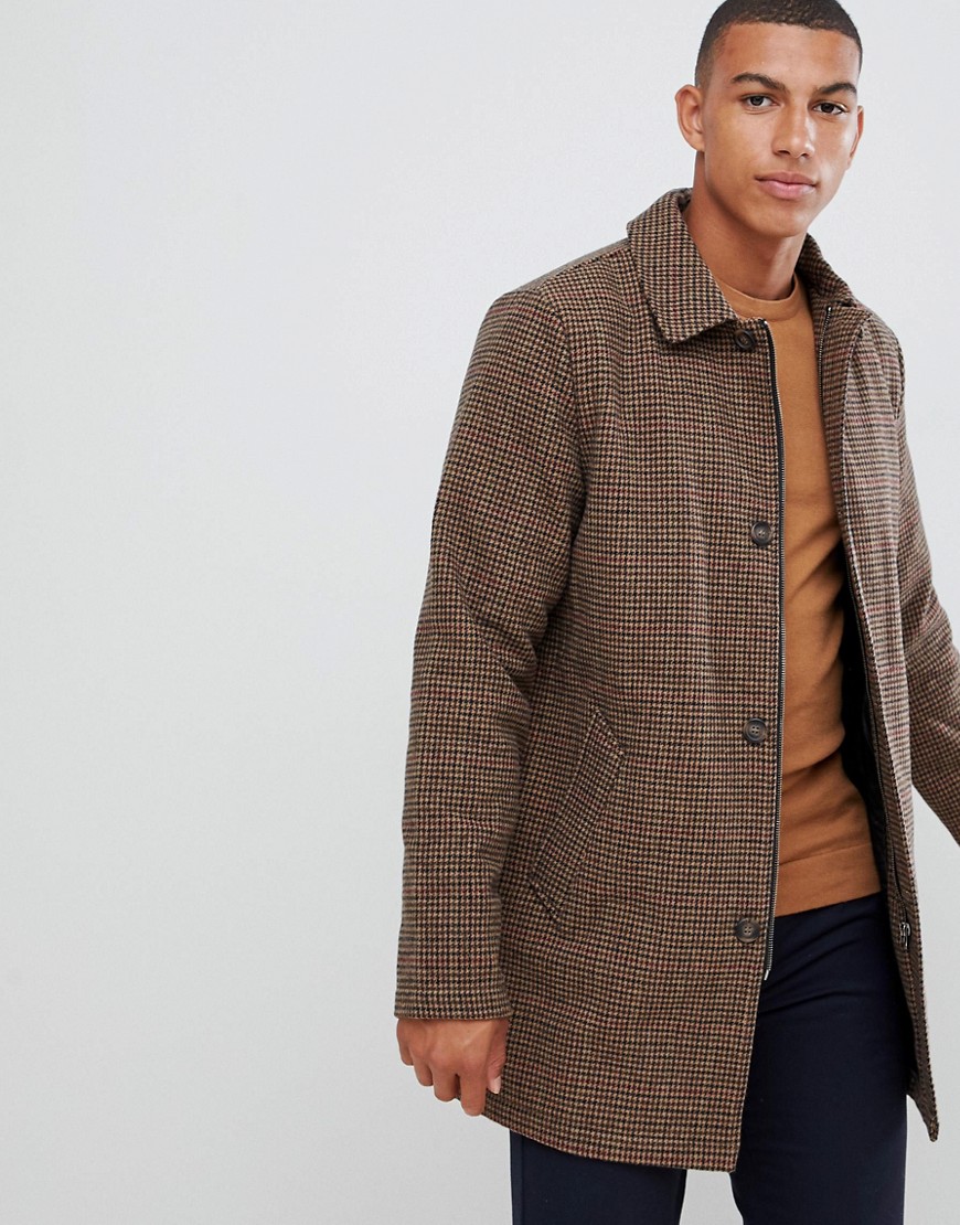Bellfield wool mix longline button dogtooth overcoat in brown