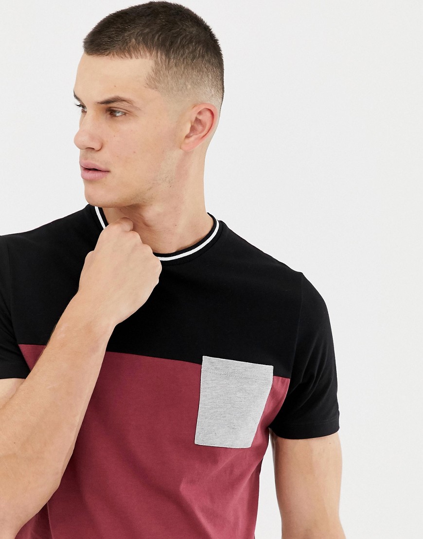ASOS DESIGN t-shirt with contrast yoke and pocket in burgundy