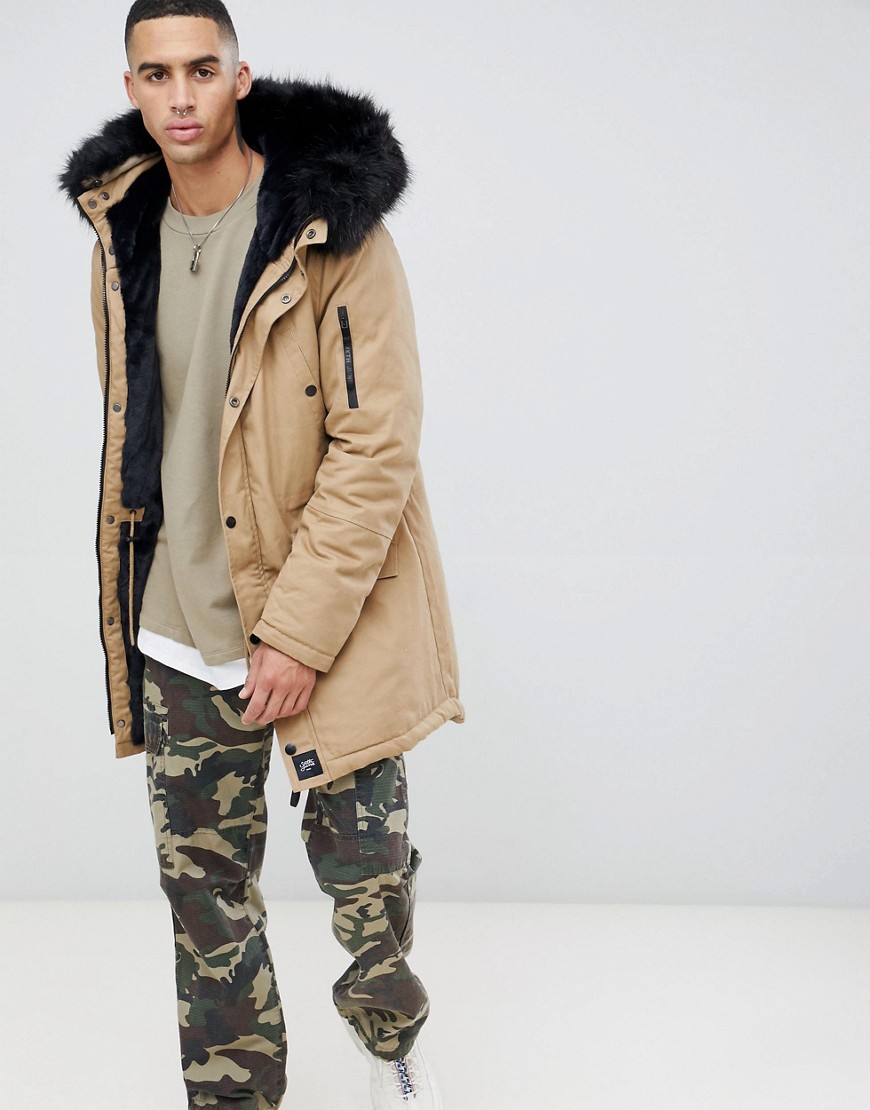 Sixth June parka coat in stone with black faux fur hood