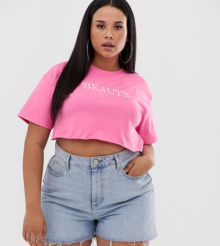PrettyLittleThing Plus cropped t-shirt with beauty slogan in pink