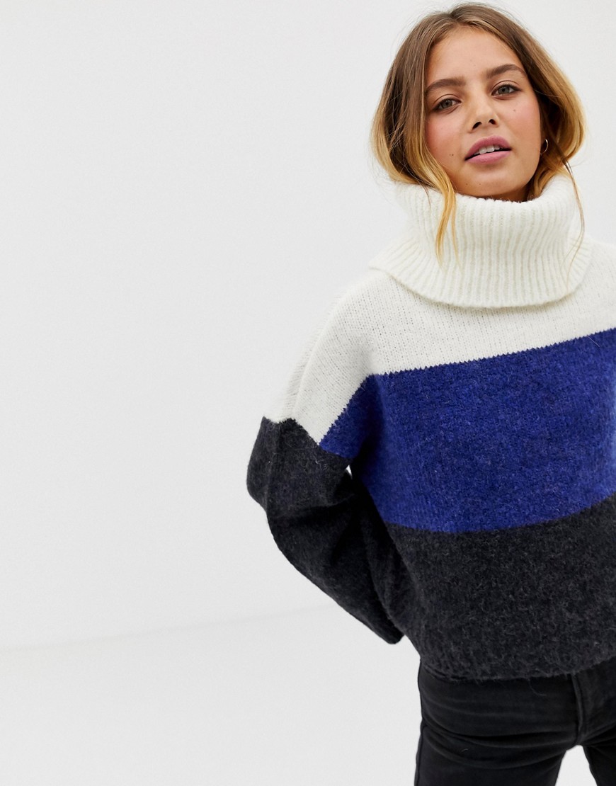 Only Jeana colourblock rollneck jumper in wool blend
