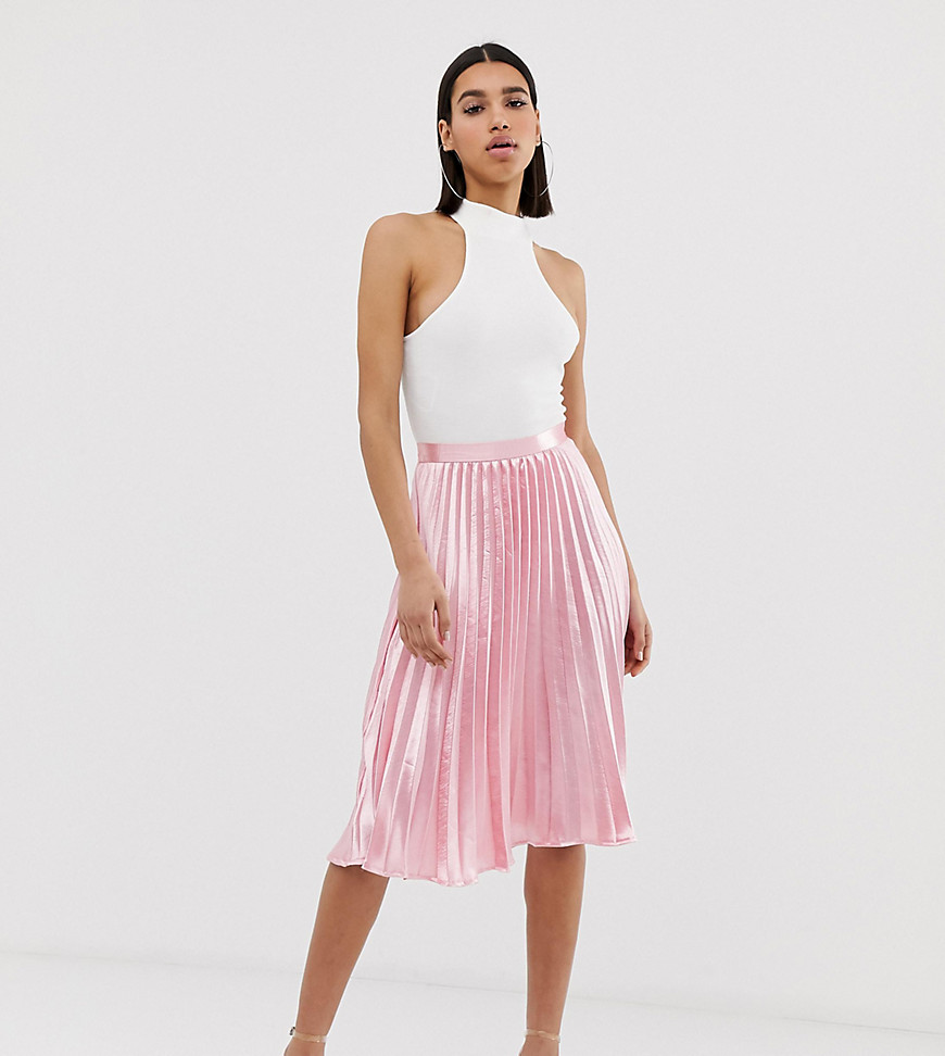 Missguided satin pleated midi skirt in pink