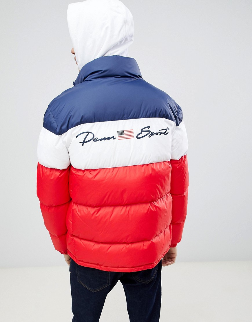 Penn Sport puffer jacket in red with block panels
