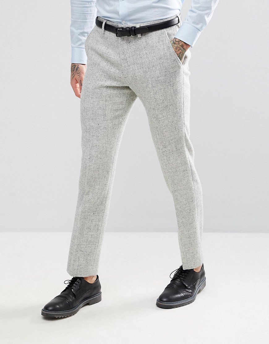 ASOS DESIGN slim suit trousers in 100% wool Harris Tweed herringbone in light grey - Light grey