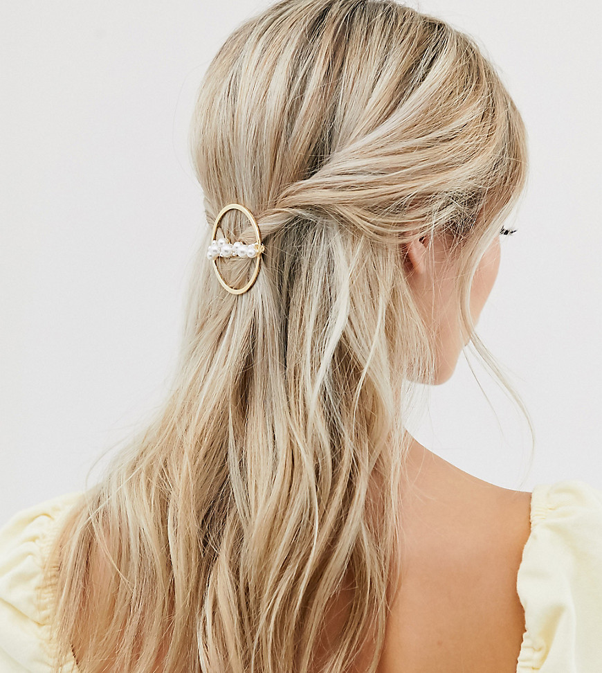 DesignB London gold circle hair pin with pearl detail