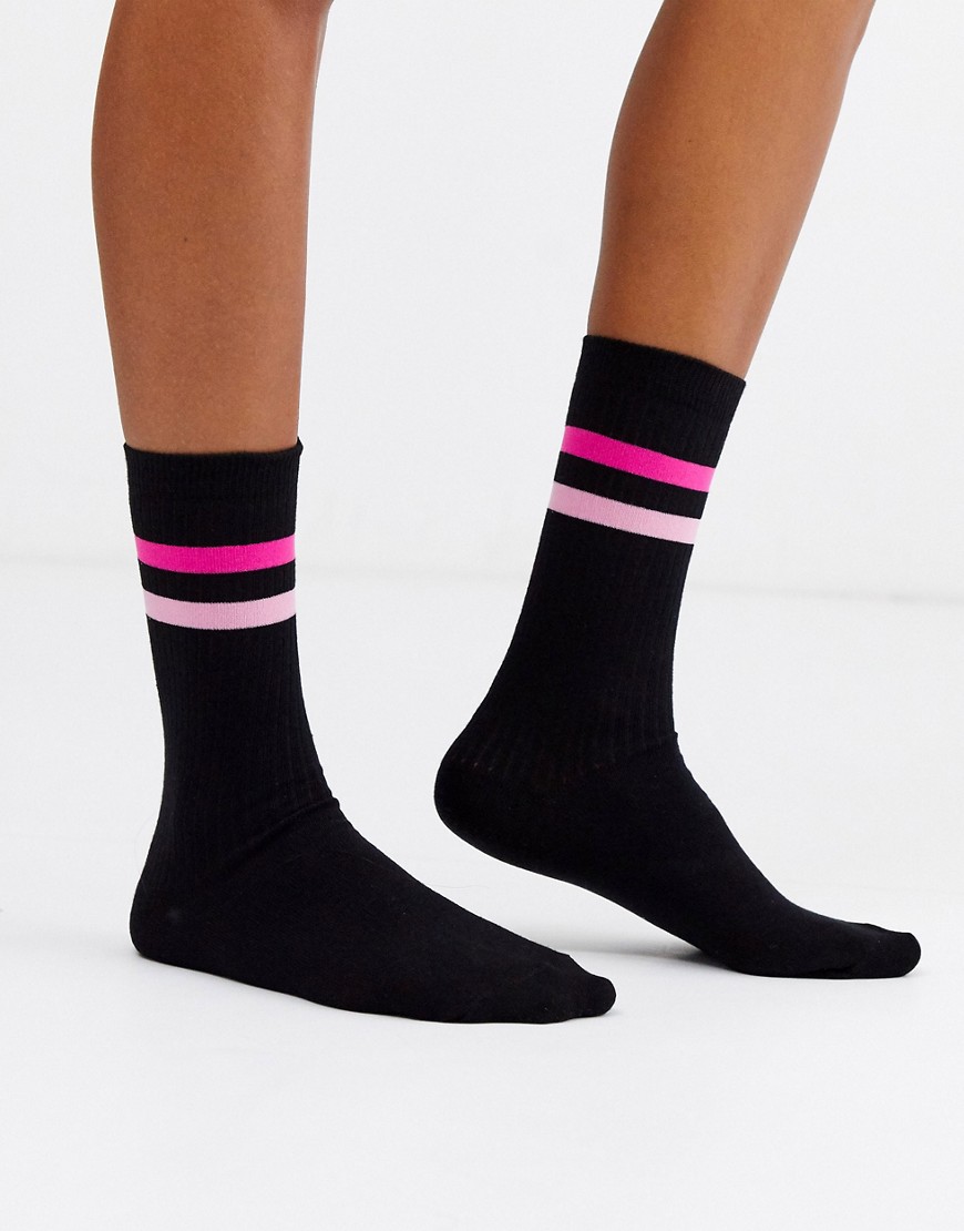 ASOS DESIGN calf length stripe ankle socks in black with pink stripe