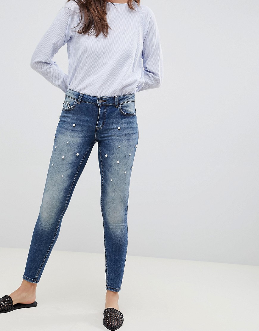 JDY Pearl embellished skinny jeans - Medium blue denim