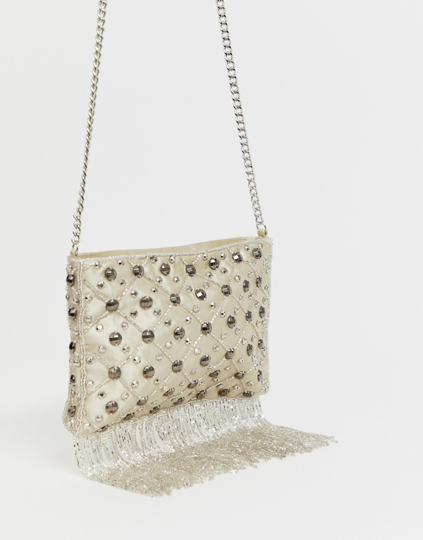 Miss Selfridge cross body bag with sequins in white