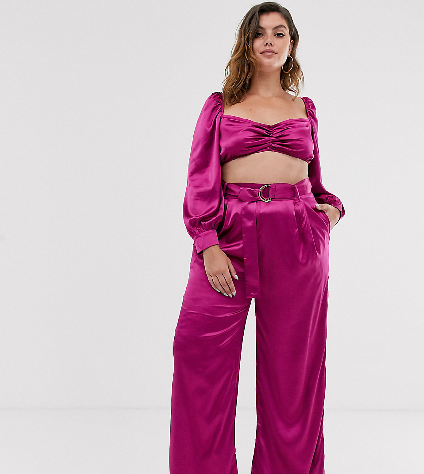 In The Style Plus satin wide leg trouser with belt in raspberry