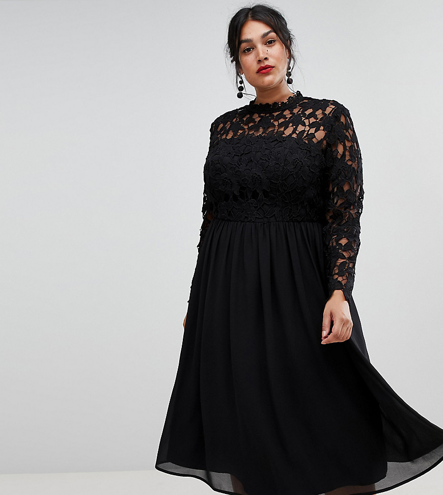 Chi Chi London Plus high neck midi skater dress with lace sleeves in black