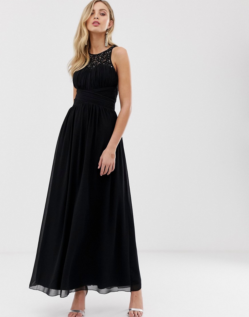 Little Mistress embellished uple and lace covered back maxi dress