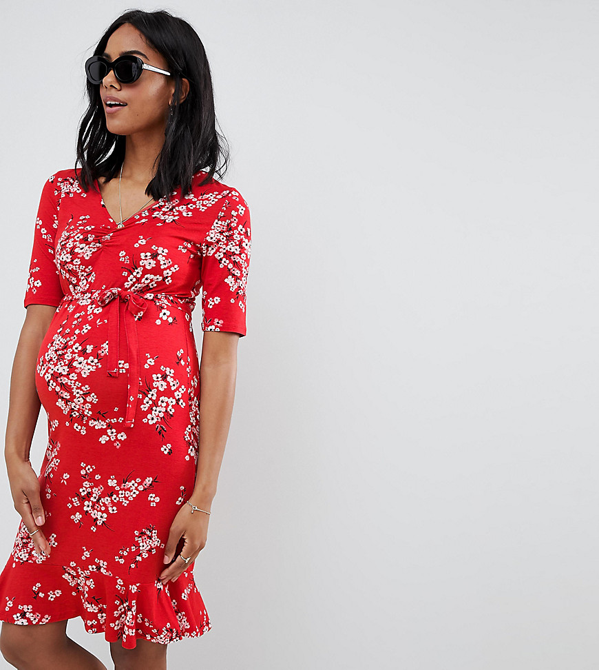 Mamalicious Floral Jersey Tea Dress - Red floral